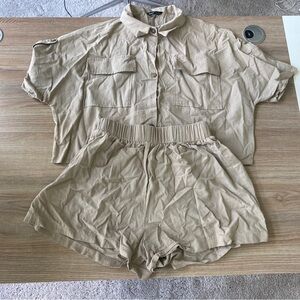 Beige linen shorts and button up shirt set